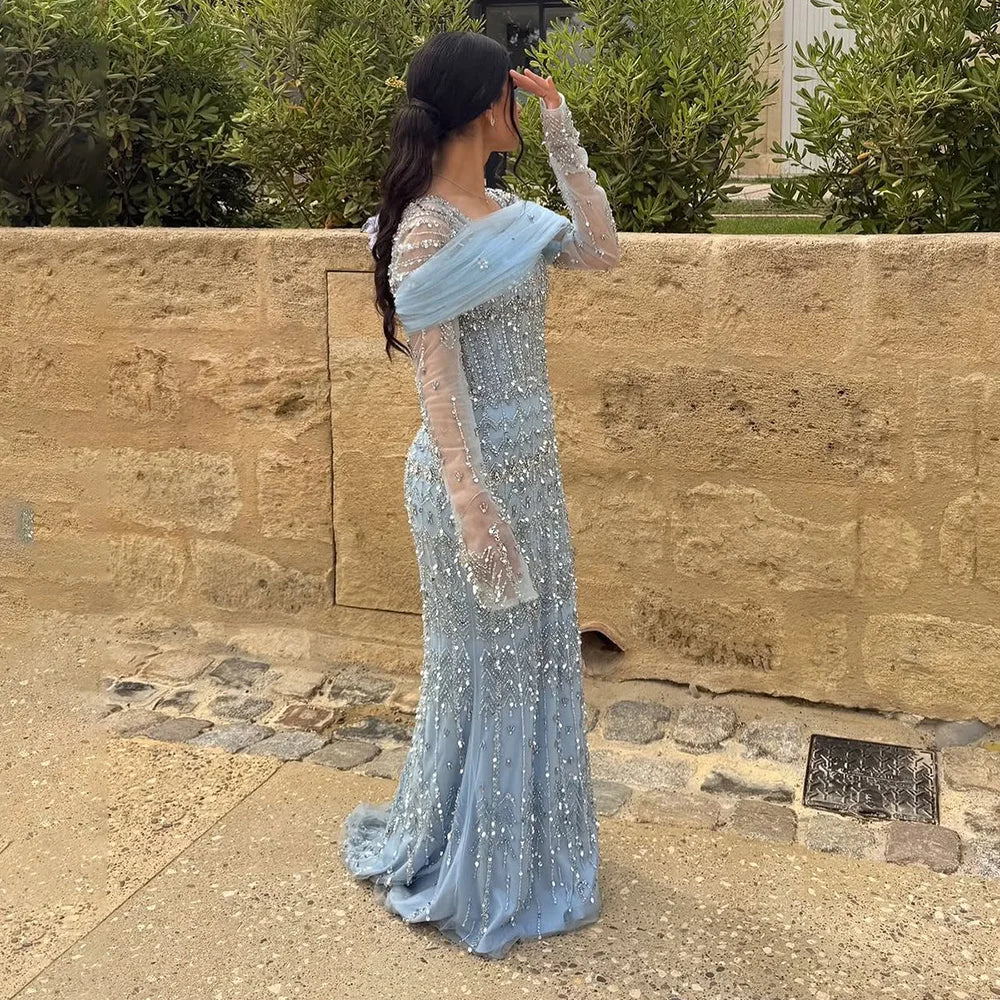 Luxury White Mermaid Beaded Evening Dress with Short Sleeves LA72714