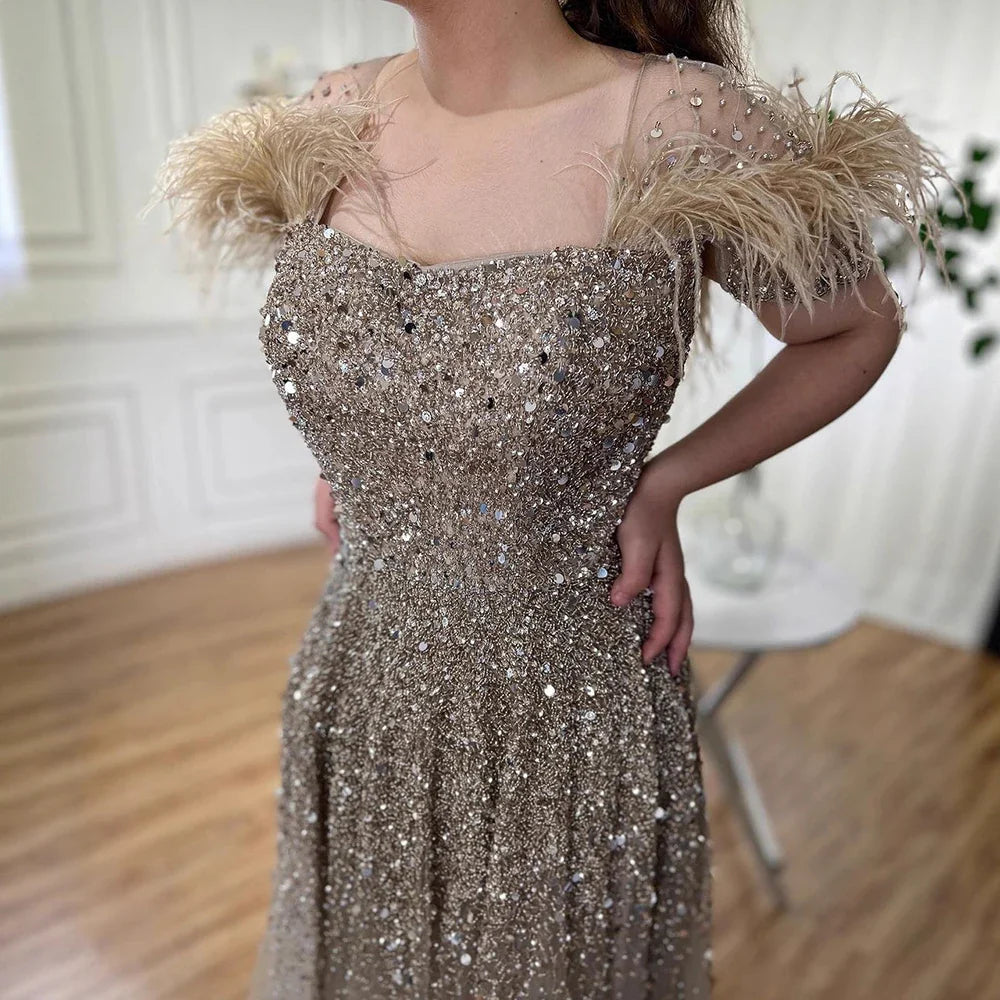 Luxury Caramel Feather Beaded A-Line Evening Dress LA71720