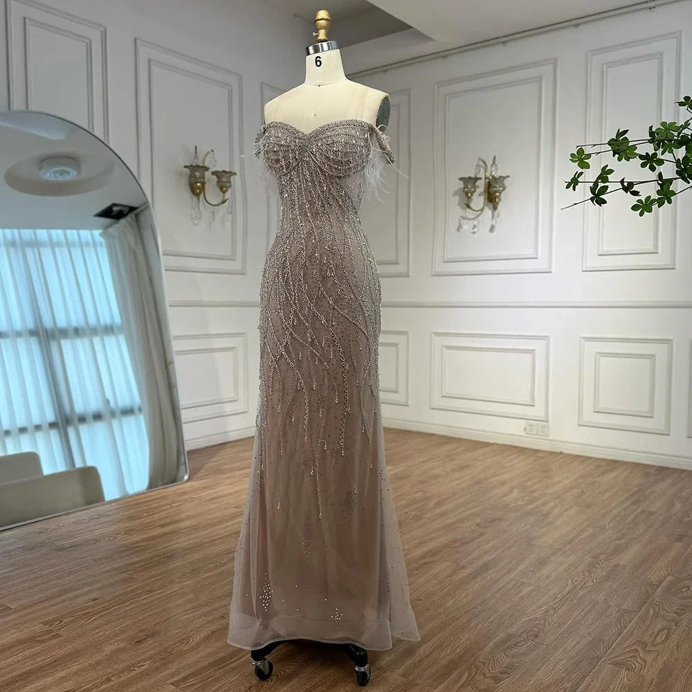 Luxury Nude Beaded Feather Mermaid Evening Dress Dubai Style LA72818