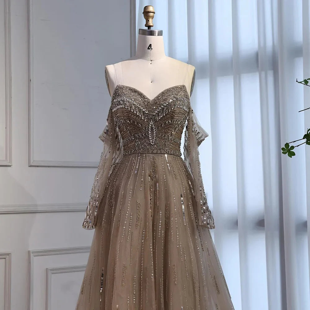 Luxury Caramel Crystal Beaded Strapless Long Sleeve Mermaid Evening Dress LA73130