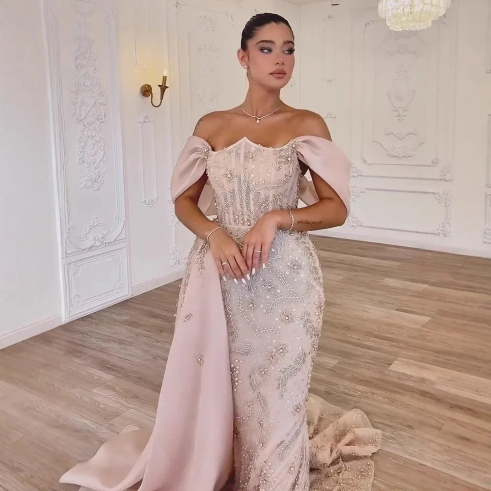 Luxury Nude Off Shoulder Pearl Beaded Mermaid Evening Dress with Overskirt LA73109