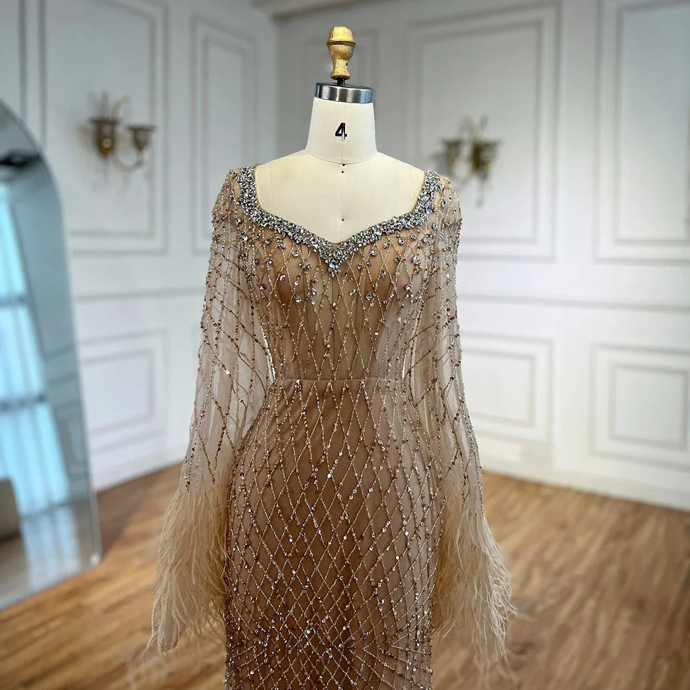 Luxury Nude Beaded Evening Dress with Feather Cuffs LA72892