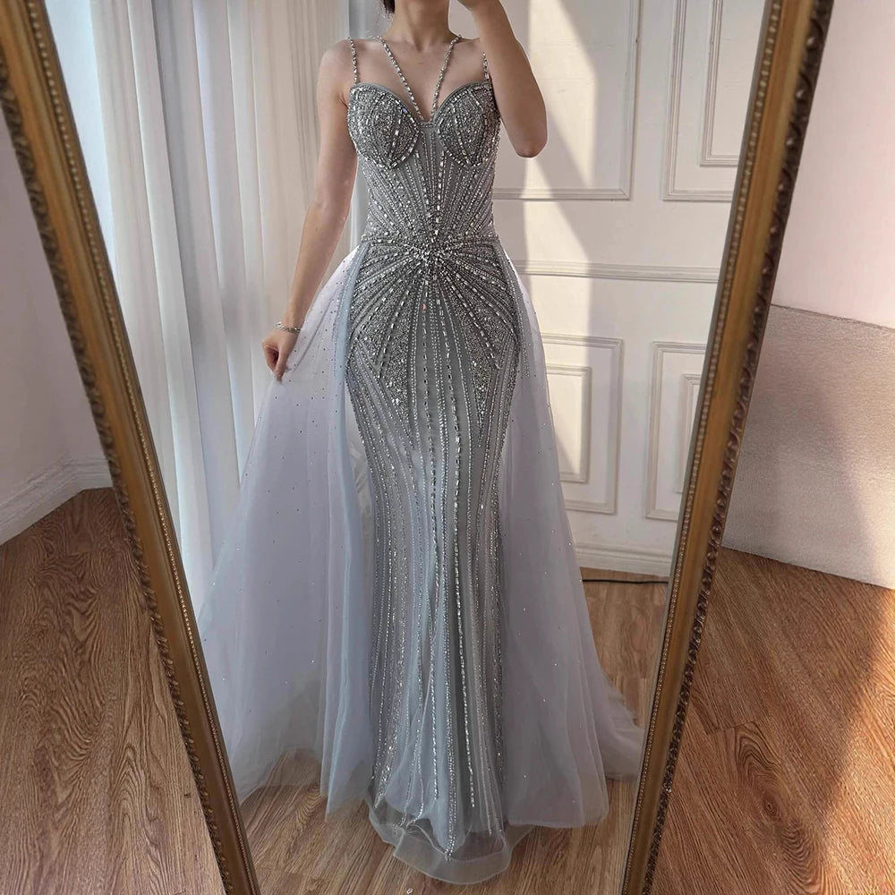 Luxury Nude Spaghetti Strap Mermaid Evening Dress with Overskirt Beaded LA73090