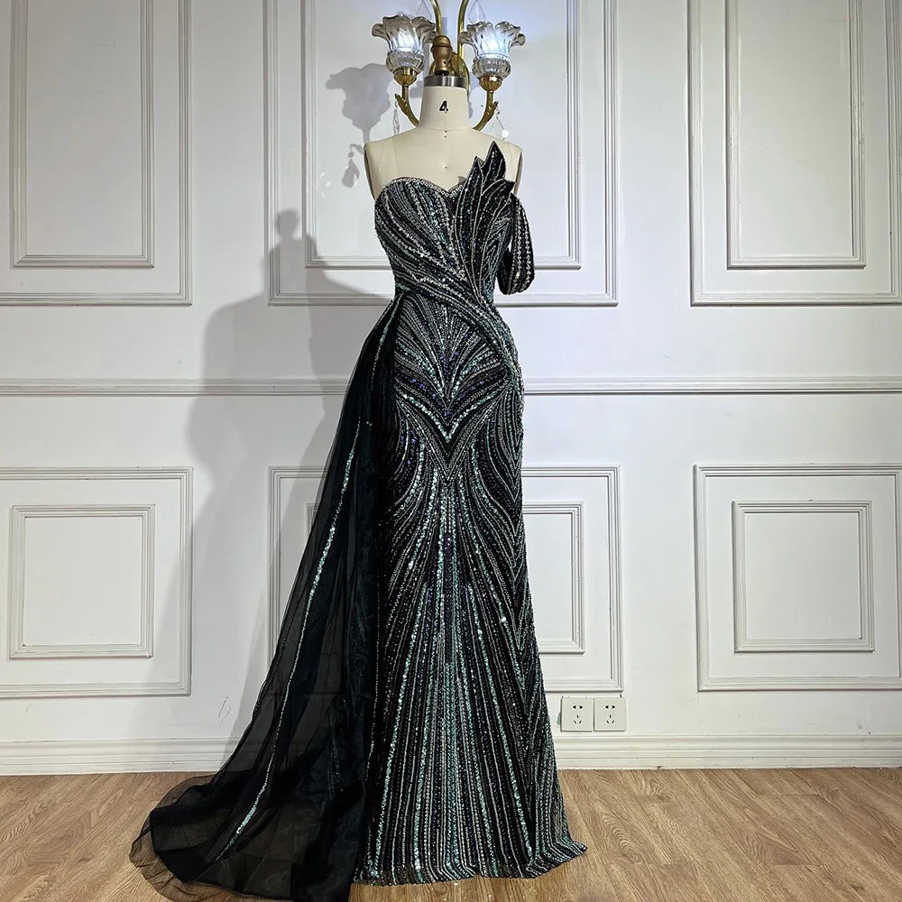 Luxury Dubai Arabic Blue One Shoulder Luxury Dubai Evening Gown with Side Overskirt Beaded Dress for Women's Party LA72662