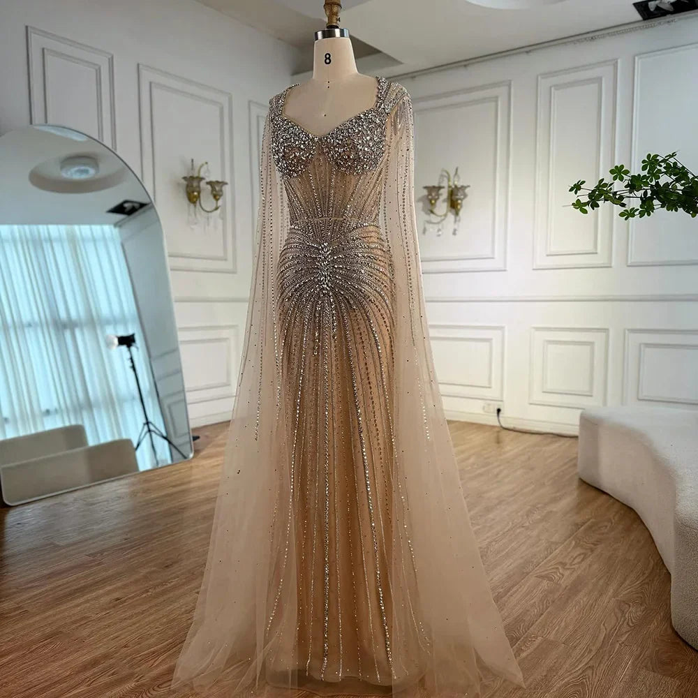 Luxury Nude Beaded Evening Dress with Cape Sleeves LA72575C