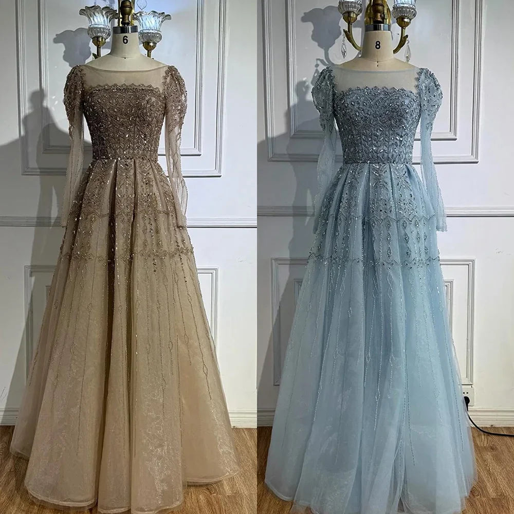 Luxury Caramel A-Line Beaded Evening Dress with Long Sleeves LA73077