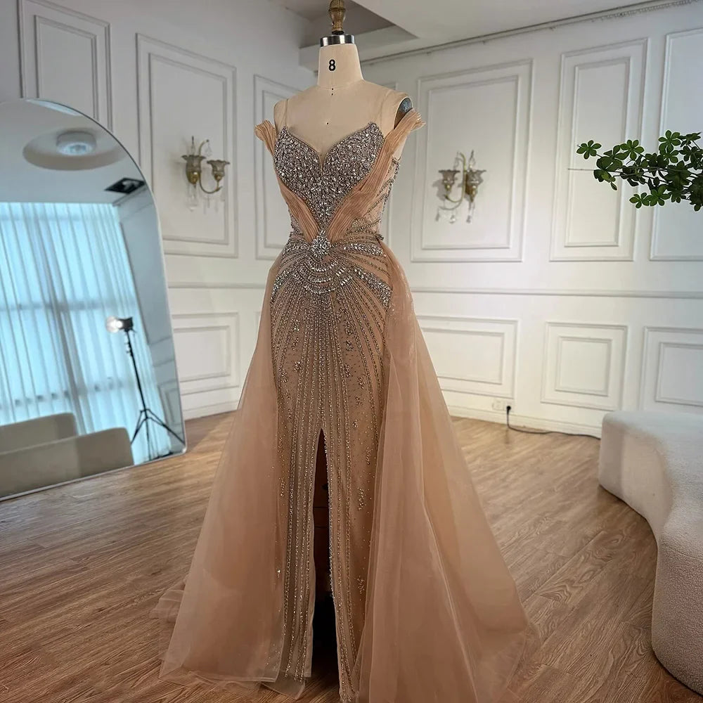 Luxury Nude Beaded Mermaid Evening Dress with Overskirt and Slit LA73034