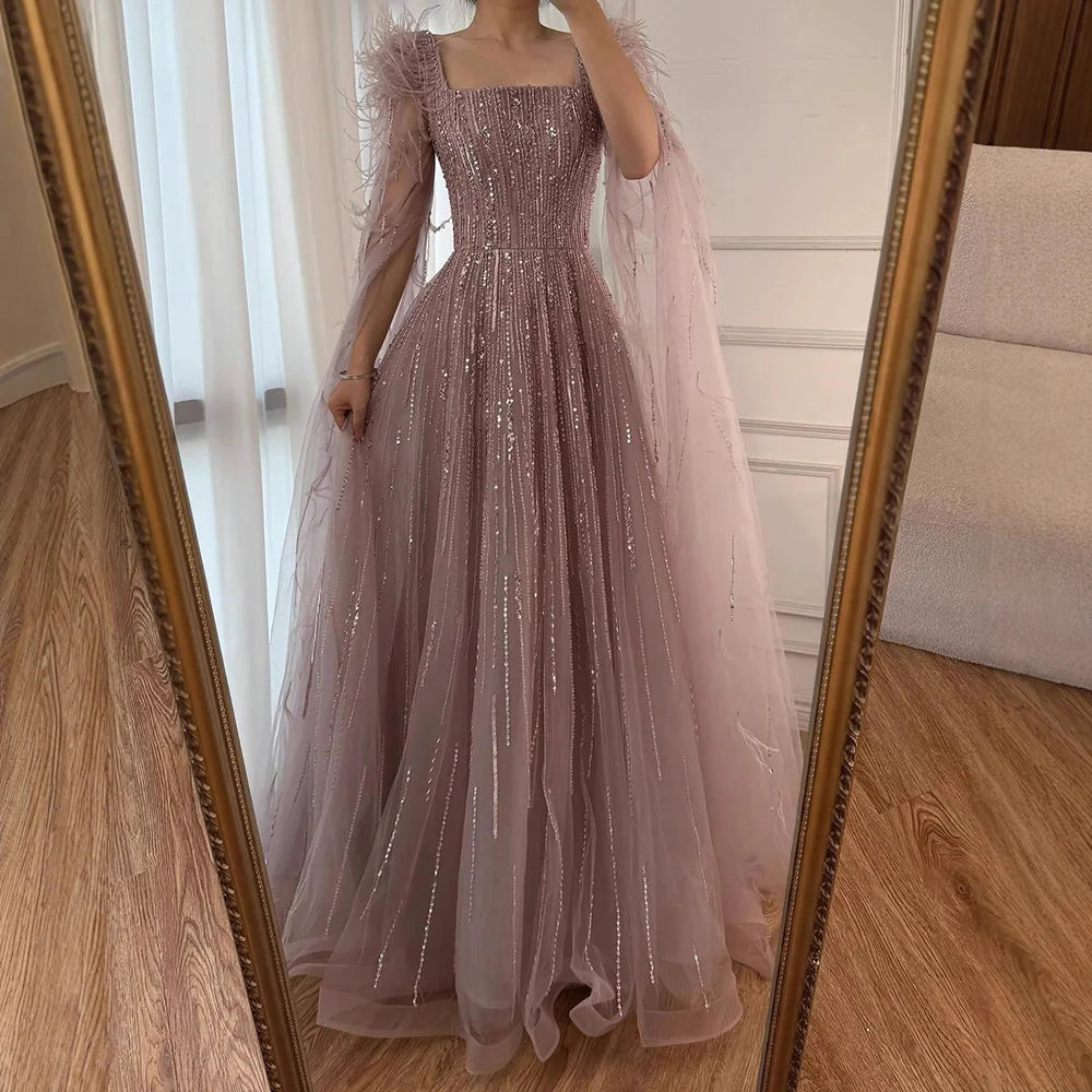 Blue Luxury Feathers Arabic Evening Dresses with Cape LA72236