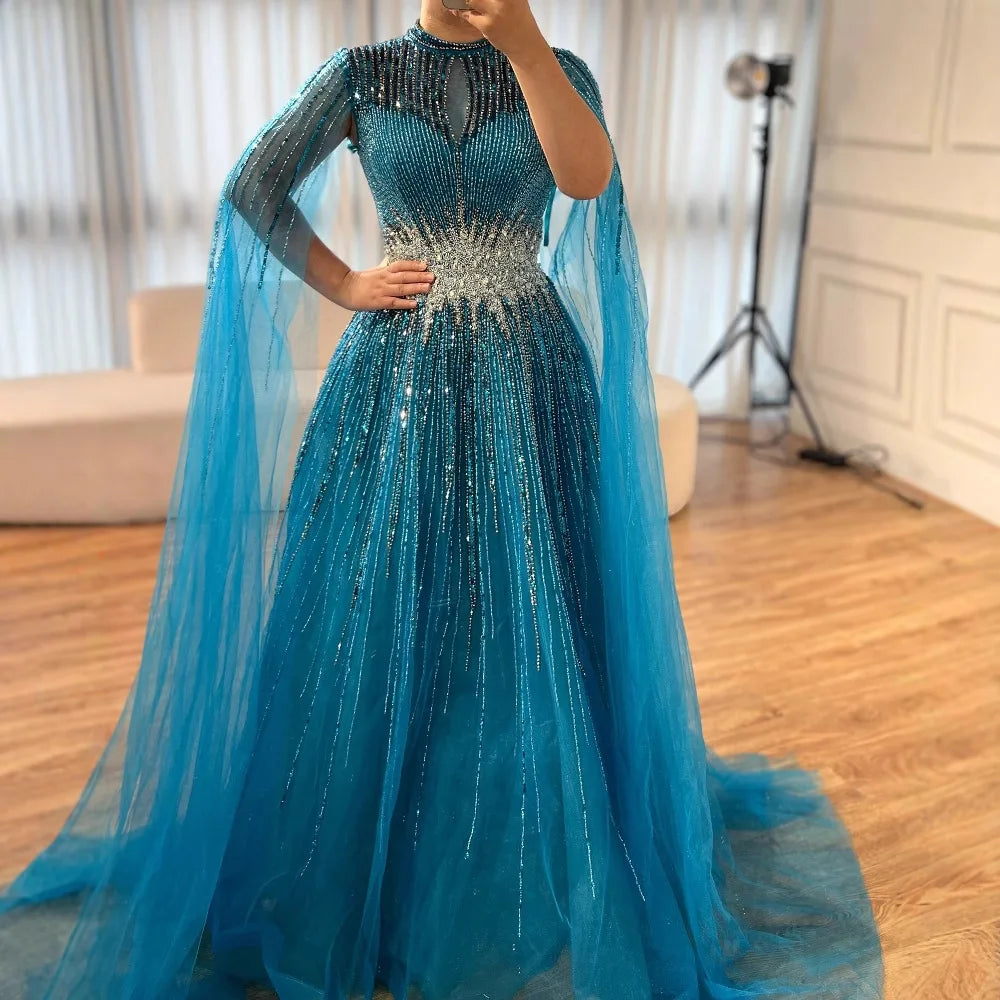 Luxury Modest Blue Beaded Evening Dress with Cape LA73059
