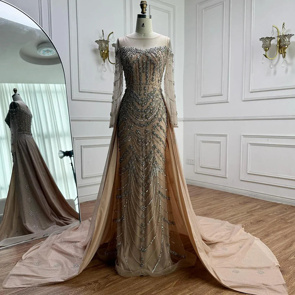 Luxury Off Shoulder Beaded Evening Dress with Long Sleeves and Train LA72930