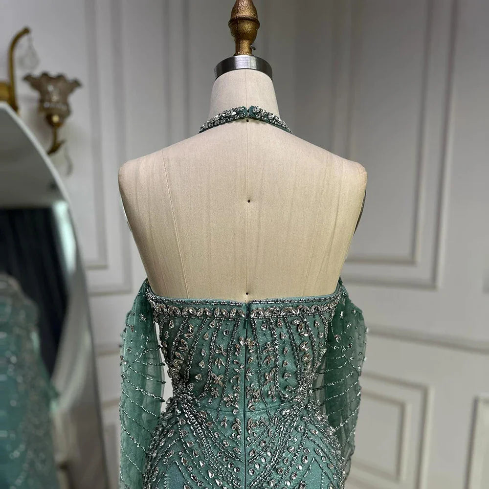 Luxury Turquoise Mermaid Evening Dress Detachable Sleeves LA72925
