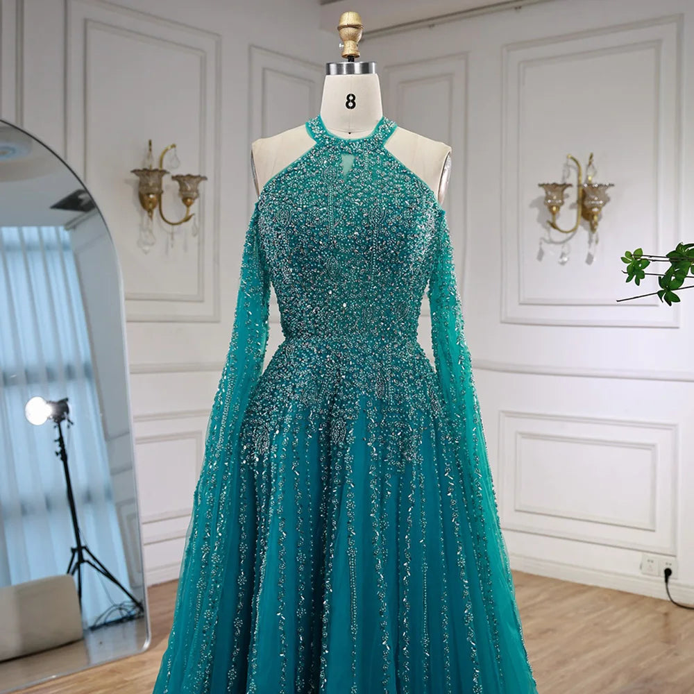 Luxury Turquoise Beaded A Line Evening Dress with Cape Sleeves LA72820