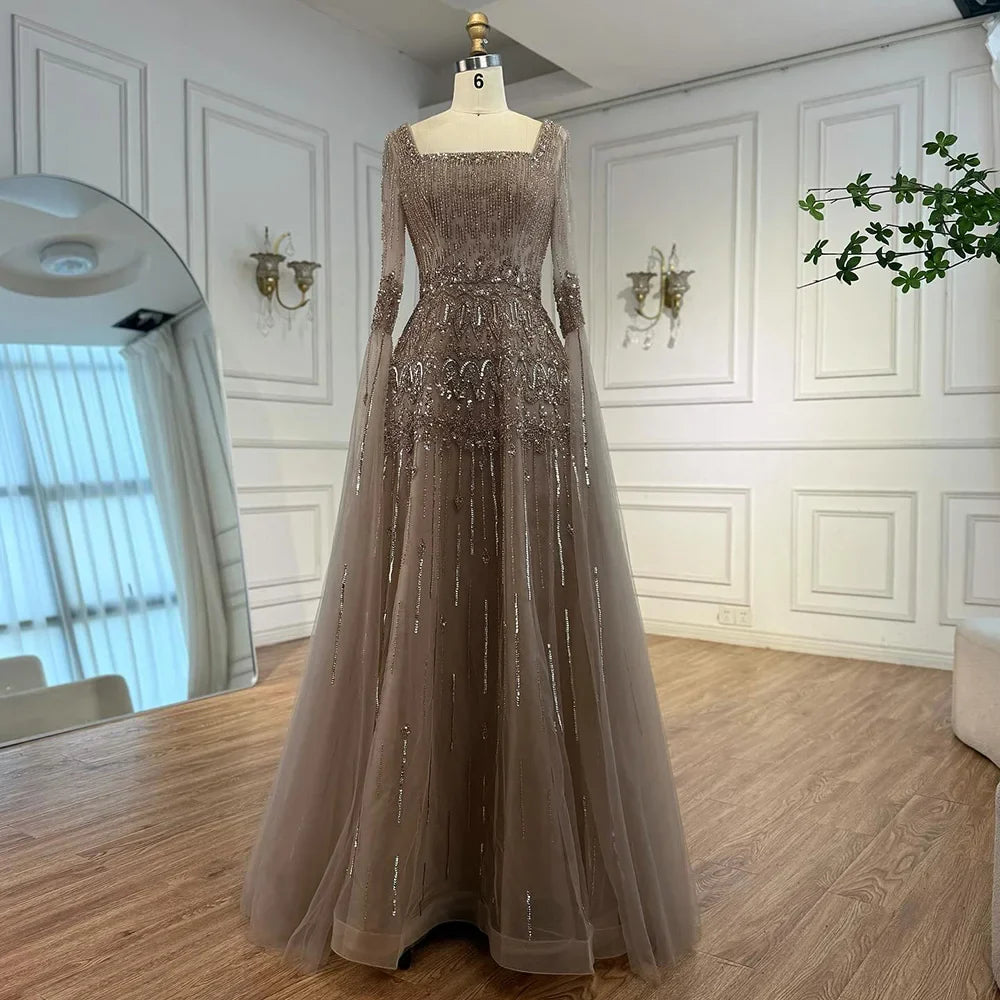 Luxury Green A-LineBeaded Evening Dress with Cape Sleeves LA73089