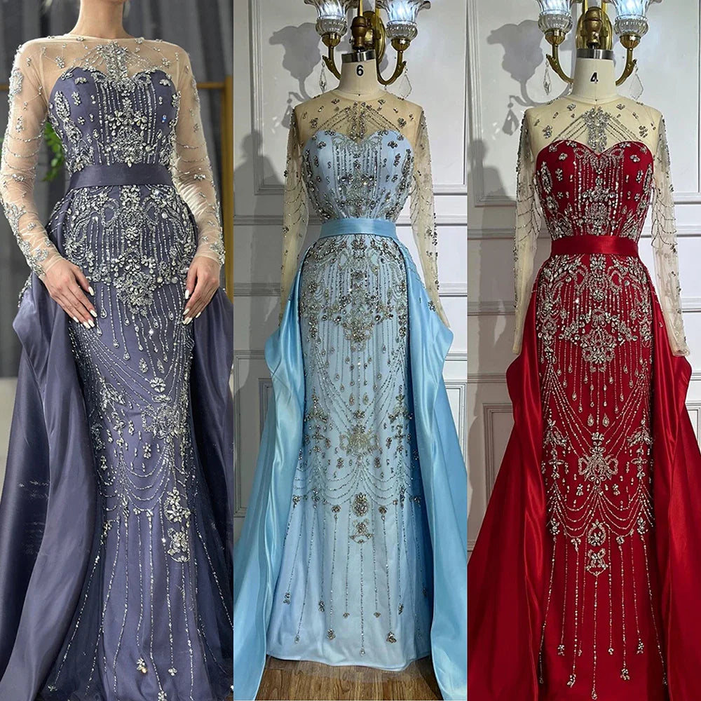 Luxury Dubai Blue Crystal Beaded Evening Dress with Overskirt LA72757