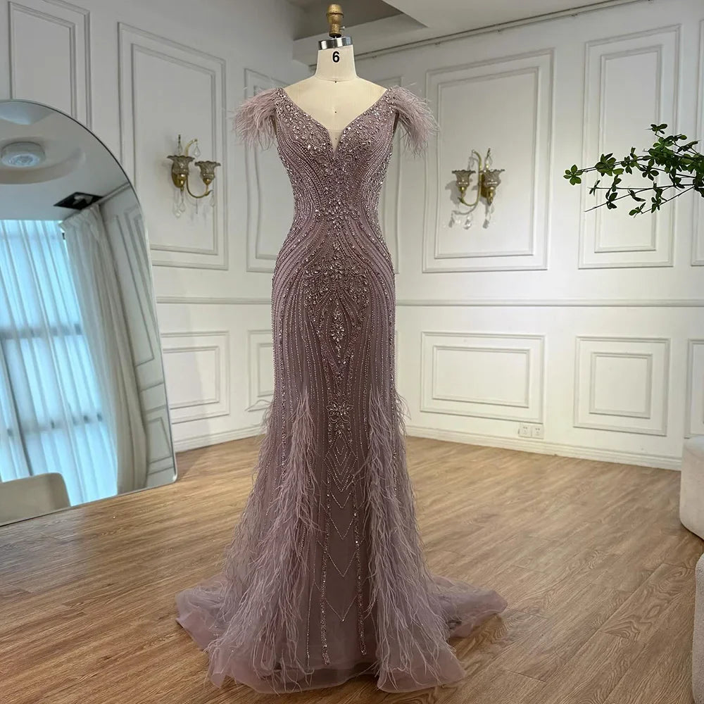 Luxury Designer Pink Feather Beaded Mermaid Evening Dress LA73098