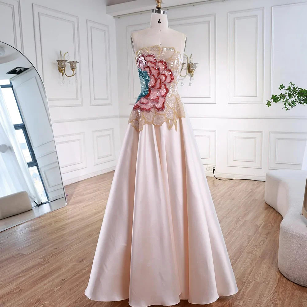 Luxury Chic Arabic Designer Beaded Satin A-Line Evening Dress LA72195B