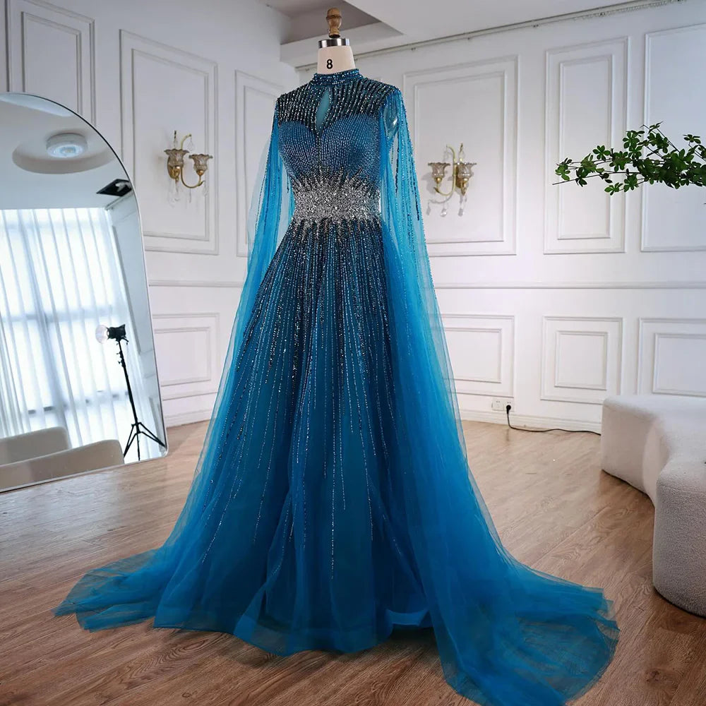 Luxury Modest Blue Beaded Evening Dress with Cape LA73059