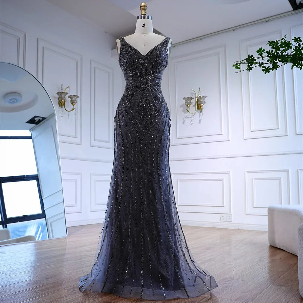 V Neck Beaded Sleeveless Mermaid Evening Dress LA73013