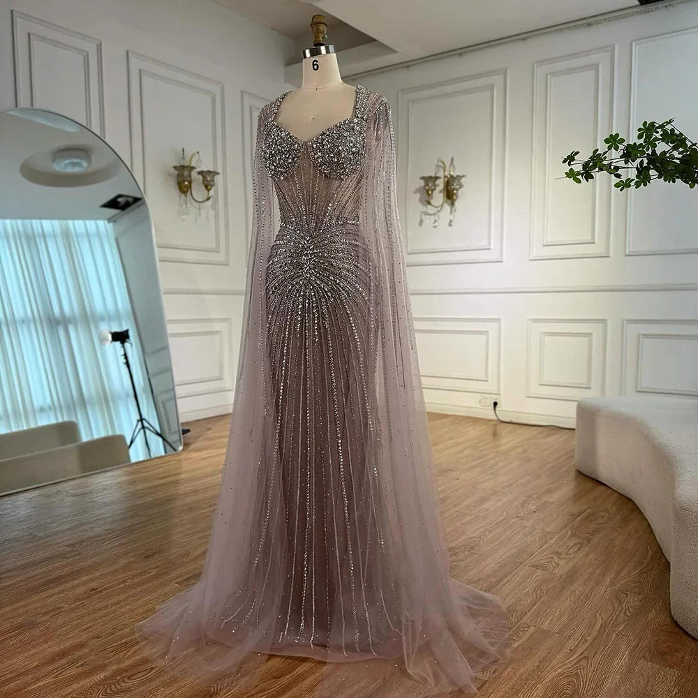 Luxury Nude Beaded Evening Dress with Cape Sleeves LA72575C