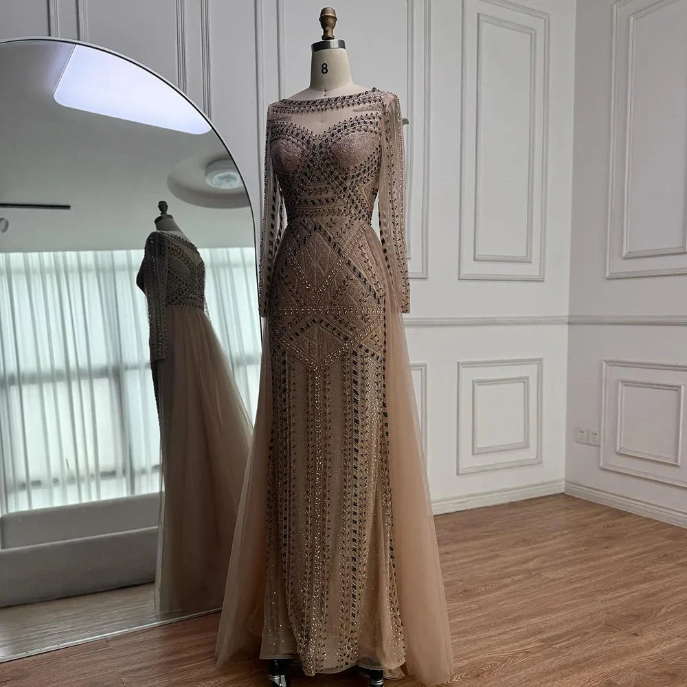Luxury Dubai Nude Evening Dress With Long Sleeves LA72967