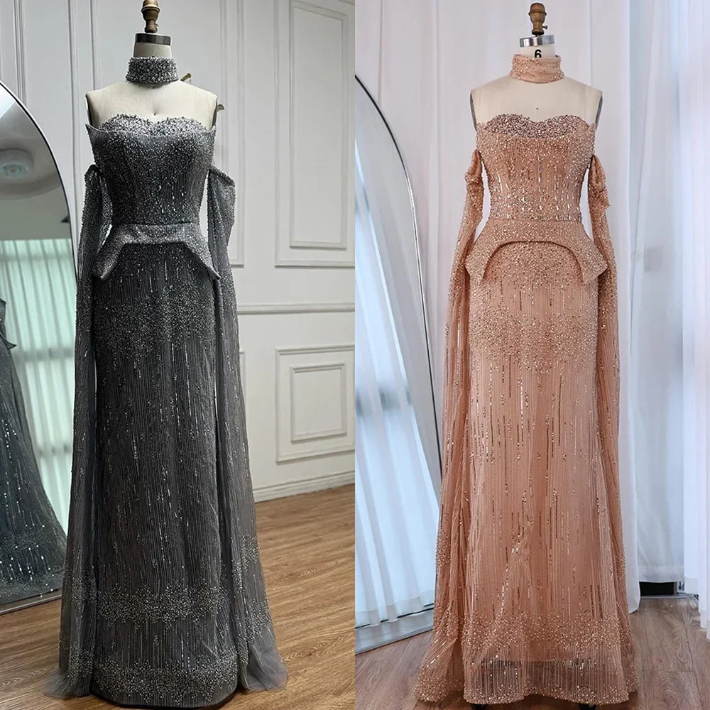 Luxury Gray Beaded Off-Shoulder Evening Dress with Cape Sleeves LA73076