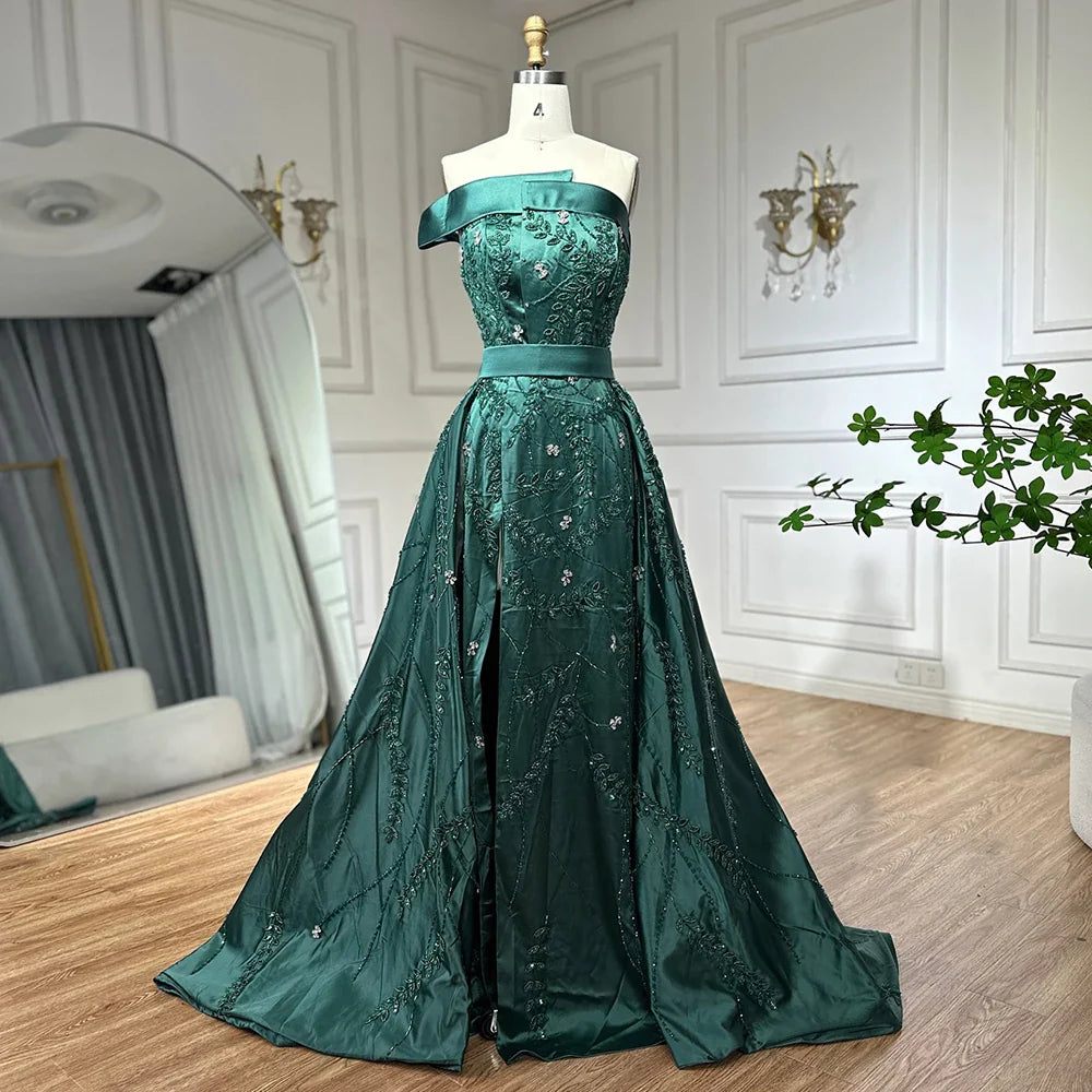 Luxury Dubai Green Arabic One-Shoulder Satin Evening Gown Beaded Dress with Overskirt and Split for Formal Occasion LA72178