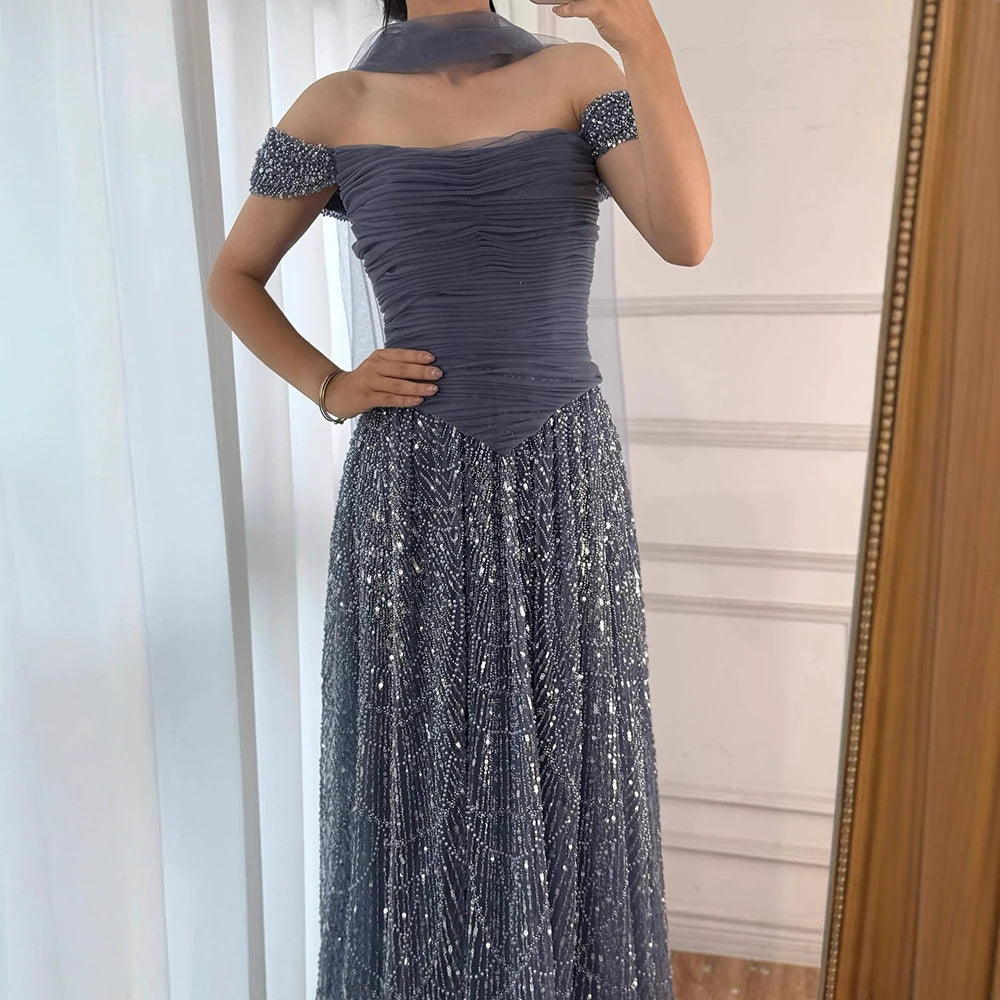 Luxury Arabic Pink Pearls Beaded Evening Dress With Cape LA72922