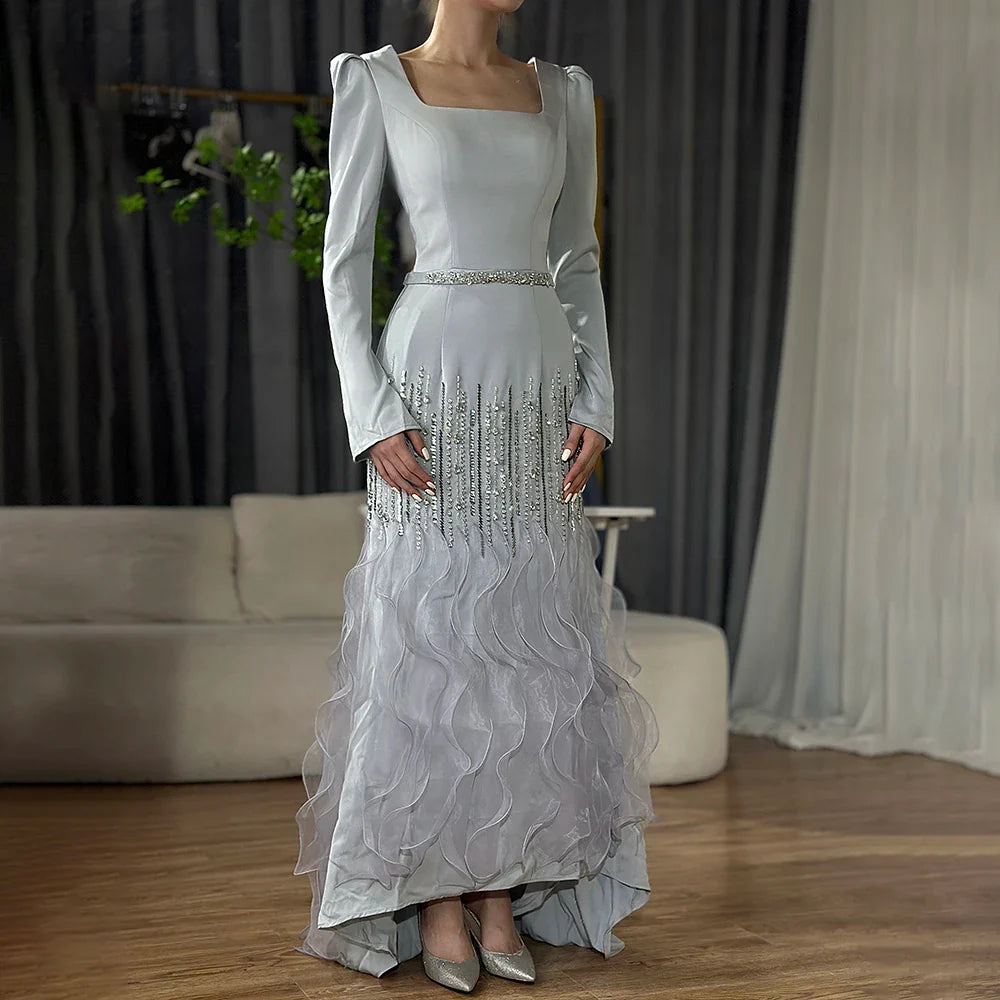 Serene Hill Arabic Gray Mermaid Elegant Ankle Length Beaded Satin Luxury Evening Dresses Gowns For Women Party 2025 LA72317