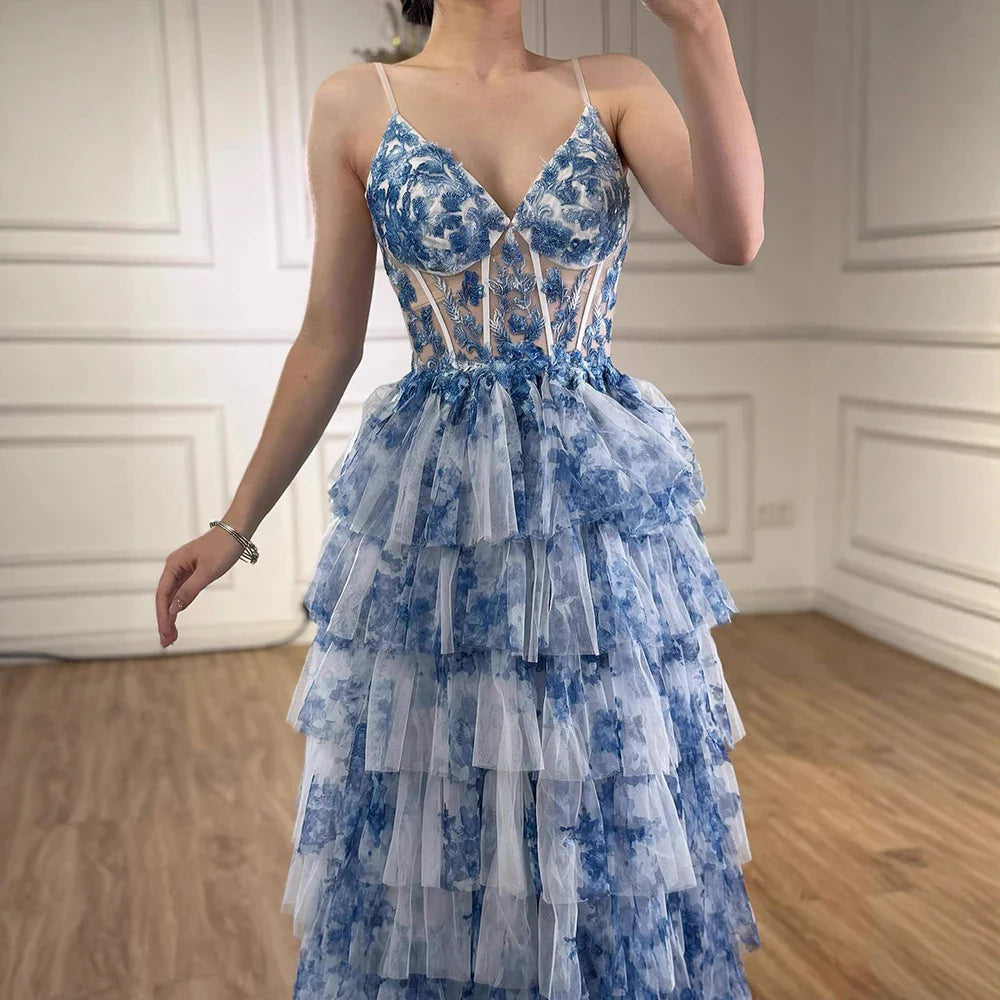 Elegant Blue Tiered Spaghetti Strap A-Line Evening Dress LA73171