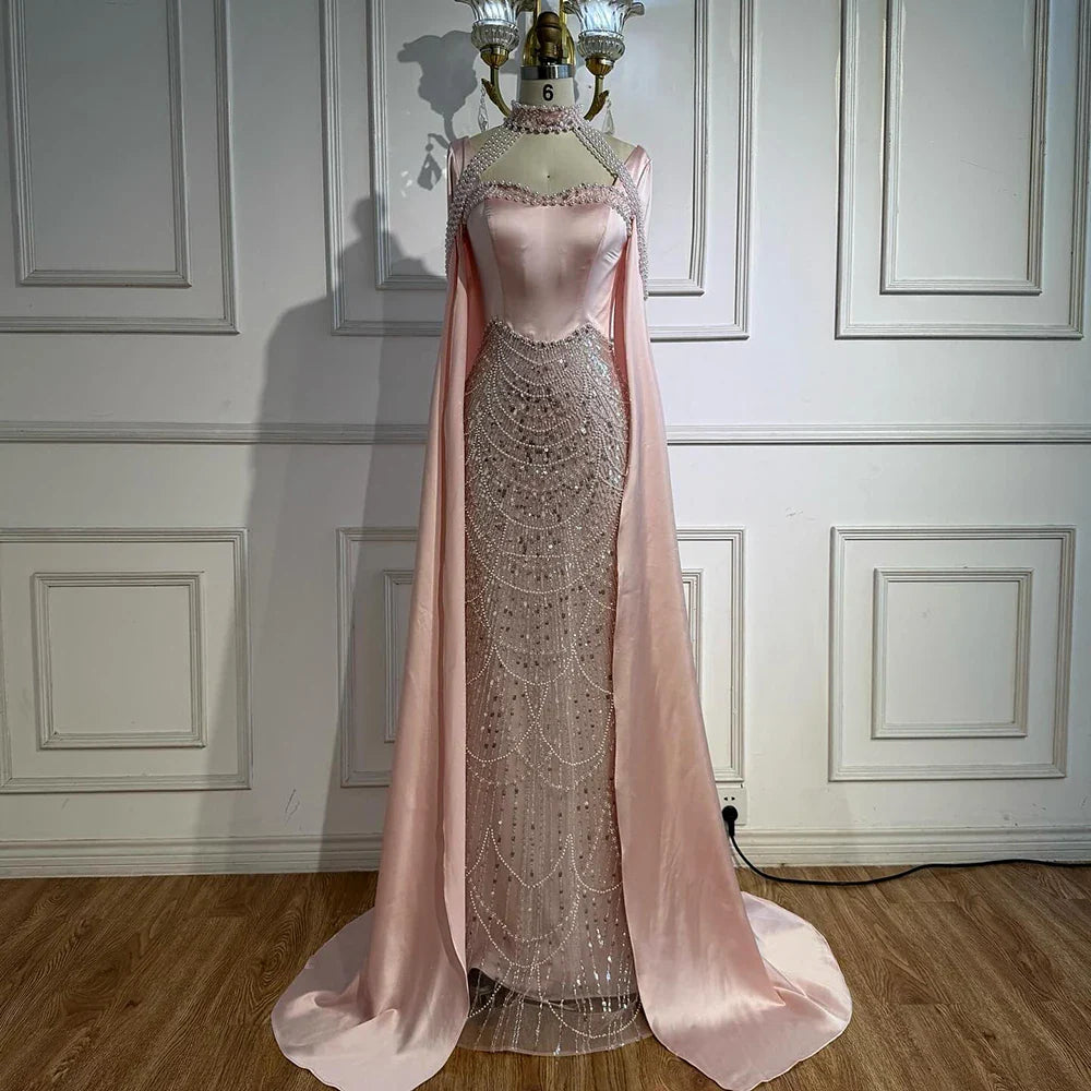Luxury Arabic Pearls Pink Evening Dress with Cape LA73051