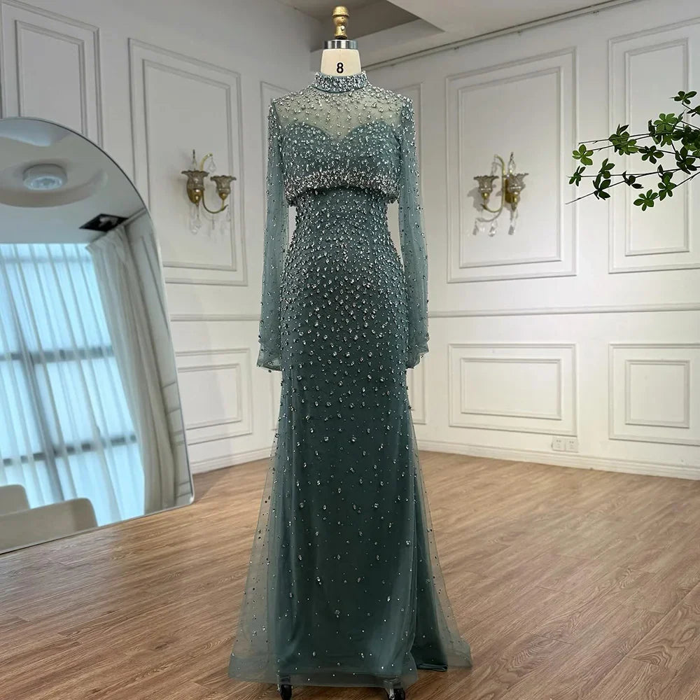 Luxury Turquoise Two Pieces Beaded Mermaid Evening Dress with Detachable Top LA73095