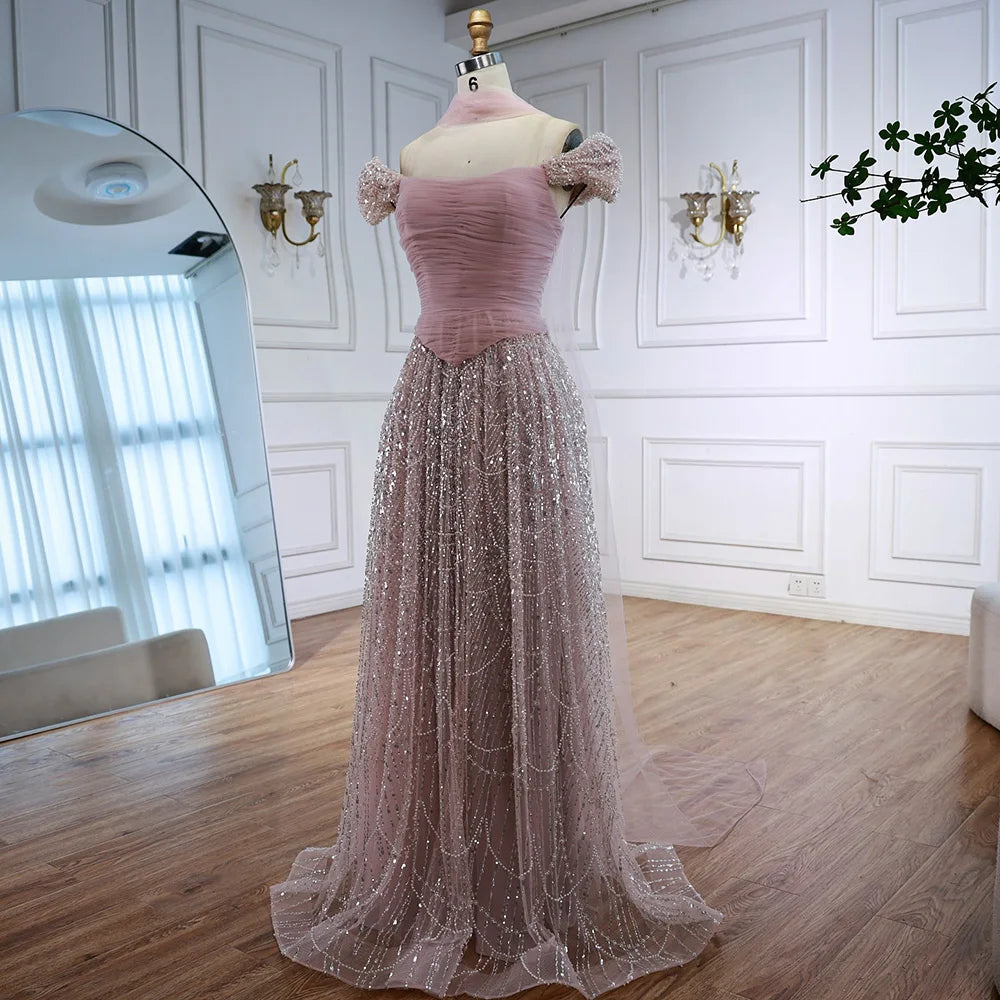 Luxury Arabic Pink Pearls Beaded Evening Dress With Cape LA72922