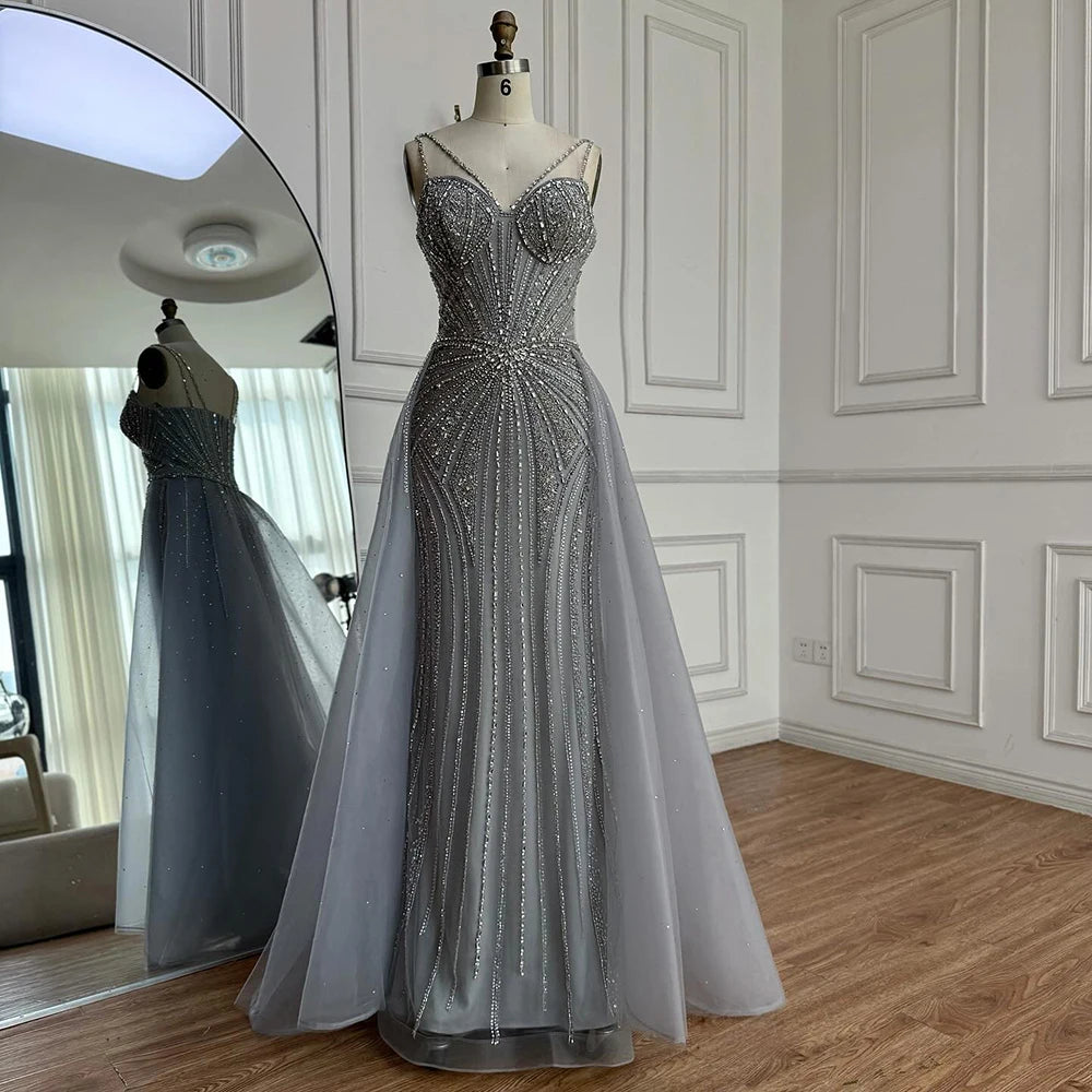 Luxury Nude Spaghetti Strap Mermaid Evening Dress with Overskirt Beaded LA73090