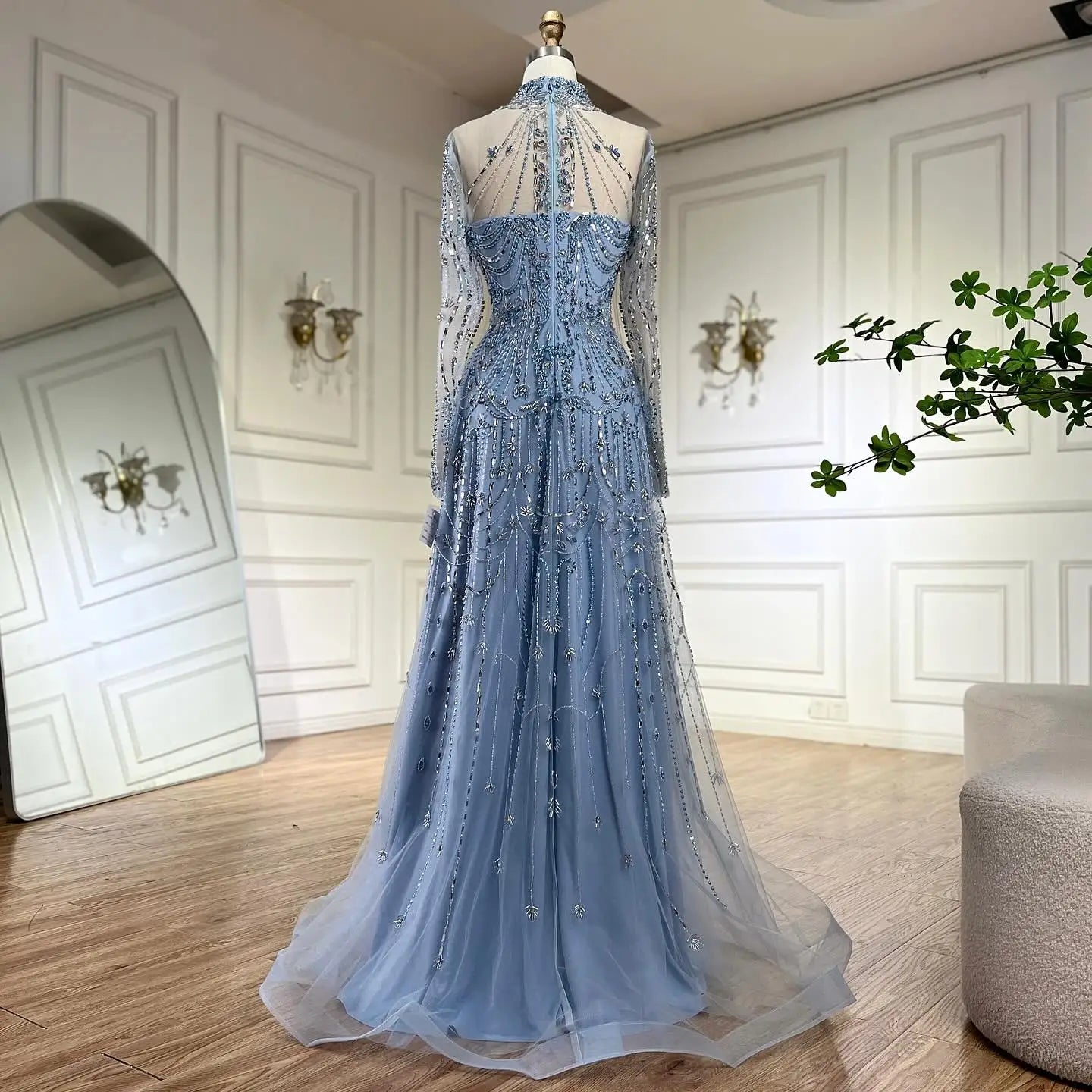 Modest A-Line Blue Lace Beaded Evening Gown LA72704