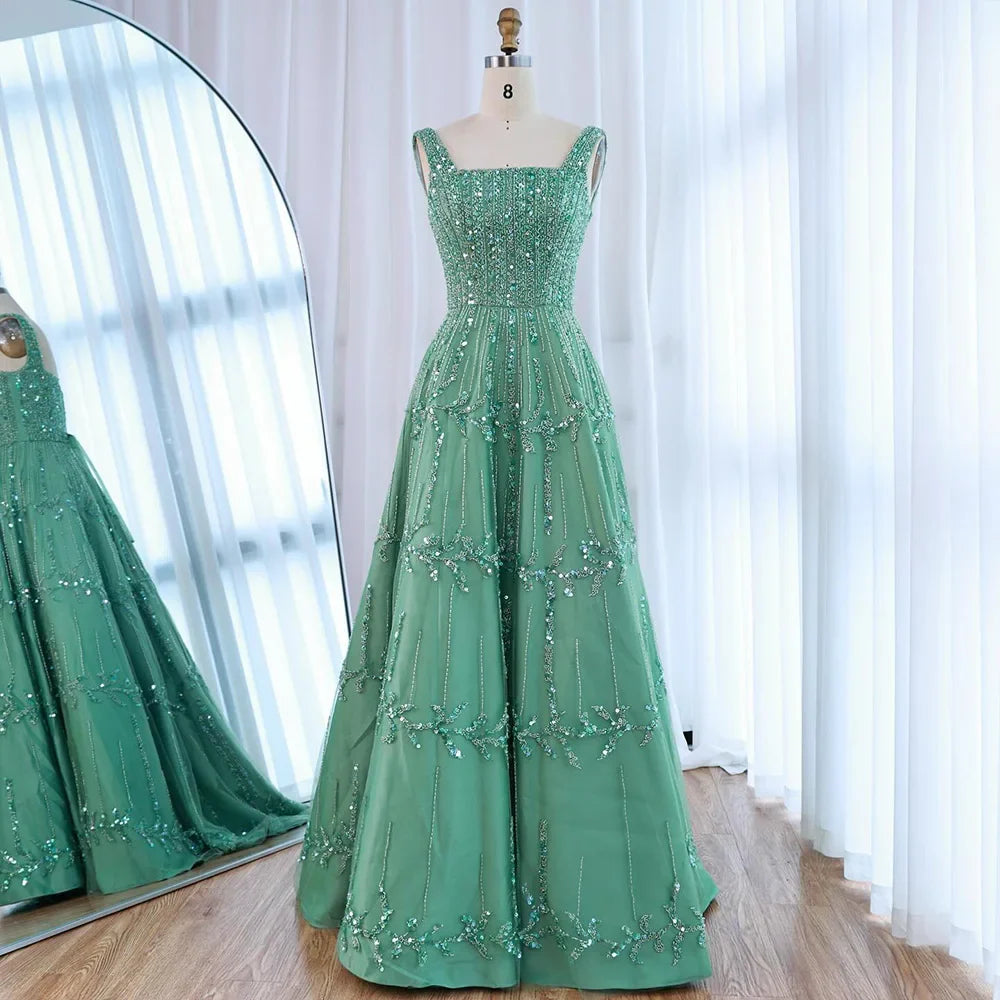 Elegant Sage Green Beaded A-Line Evening Dress LA73064