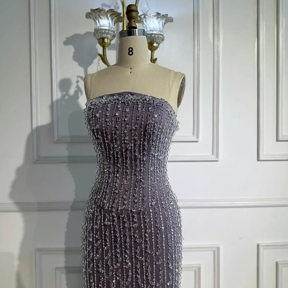 Elegant Crystal Beaded Strapless Lilac Mermaid Evening Gown LA72950