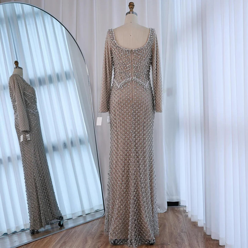 Modest Pearl Beaded Mermaid Evening Dress with Long Sleeves LA72919A