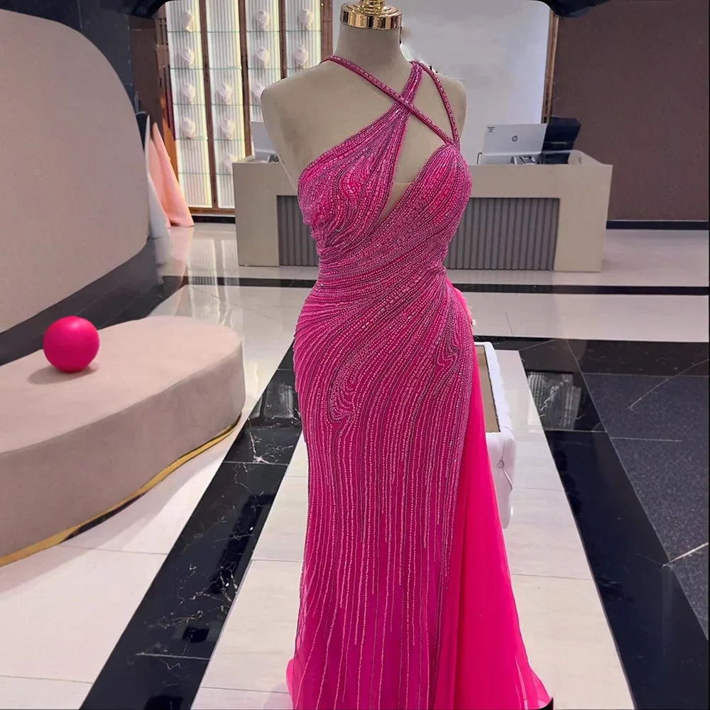 Fuchsia One Shoulder Beaded Mermaid Evening Dress with Overskirt LA73105