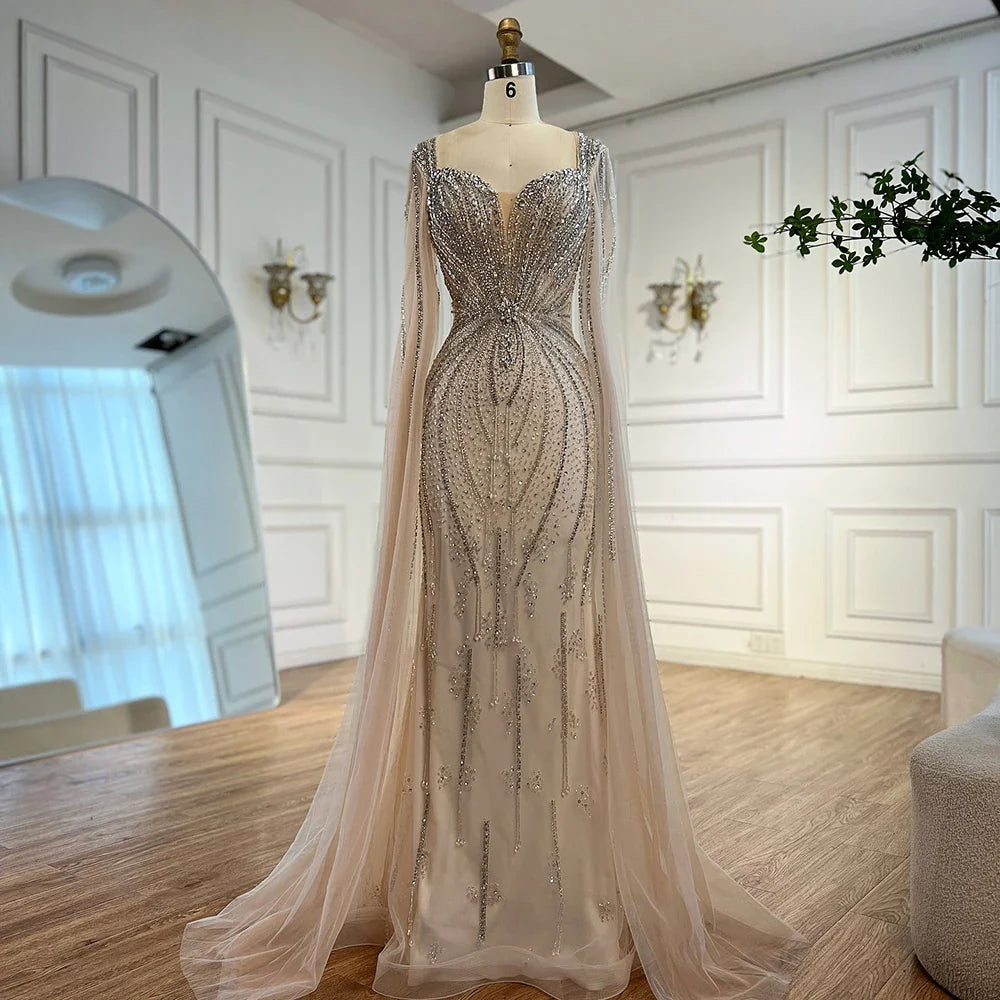 Luxury Designer Beige Beaded Evening Dress with Cape Sleeves LA72992
