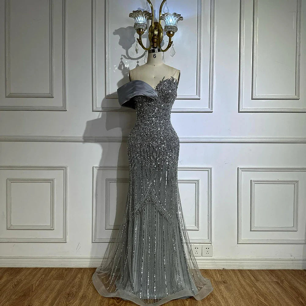 Luxury Dubai Arabic Green Mermaid Elegant One Shoulder Beaded Long Evening Dresses Gowns for Formal Occasion LA72650
