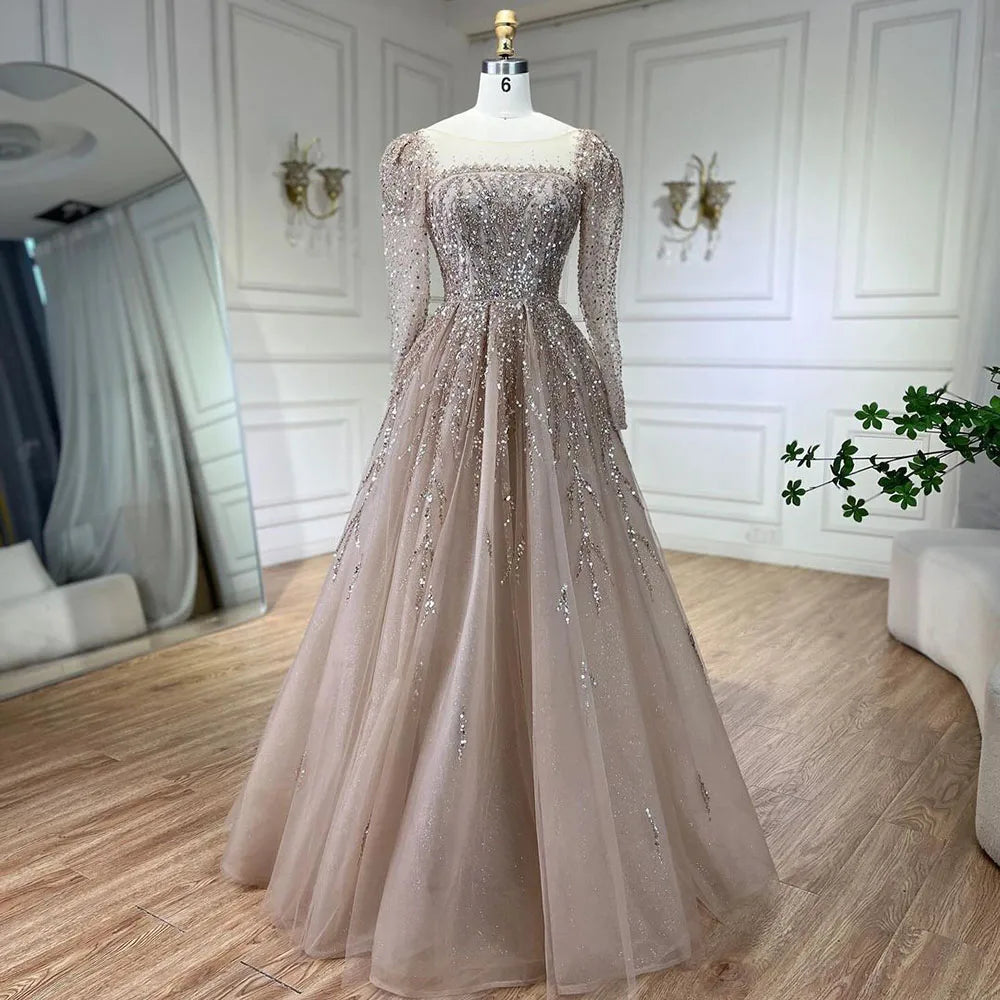 Luxury Dusty Pink Long Sleeves A-Line Evening Dress LA71915