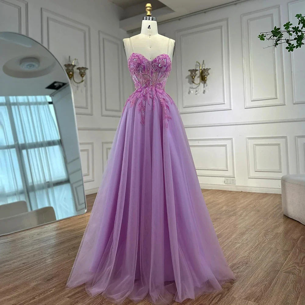 Luxury A-line Sweep Train Tulle Prom Dress with Appliqued LA72972
