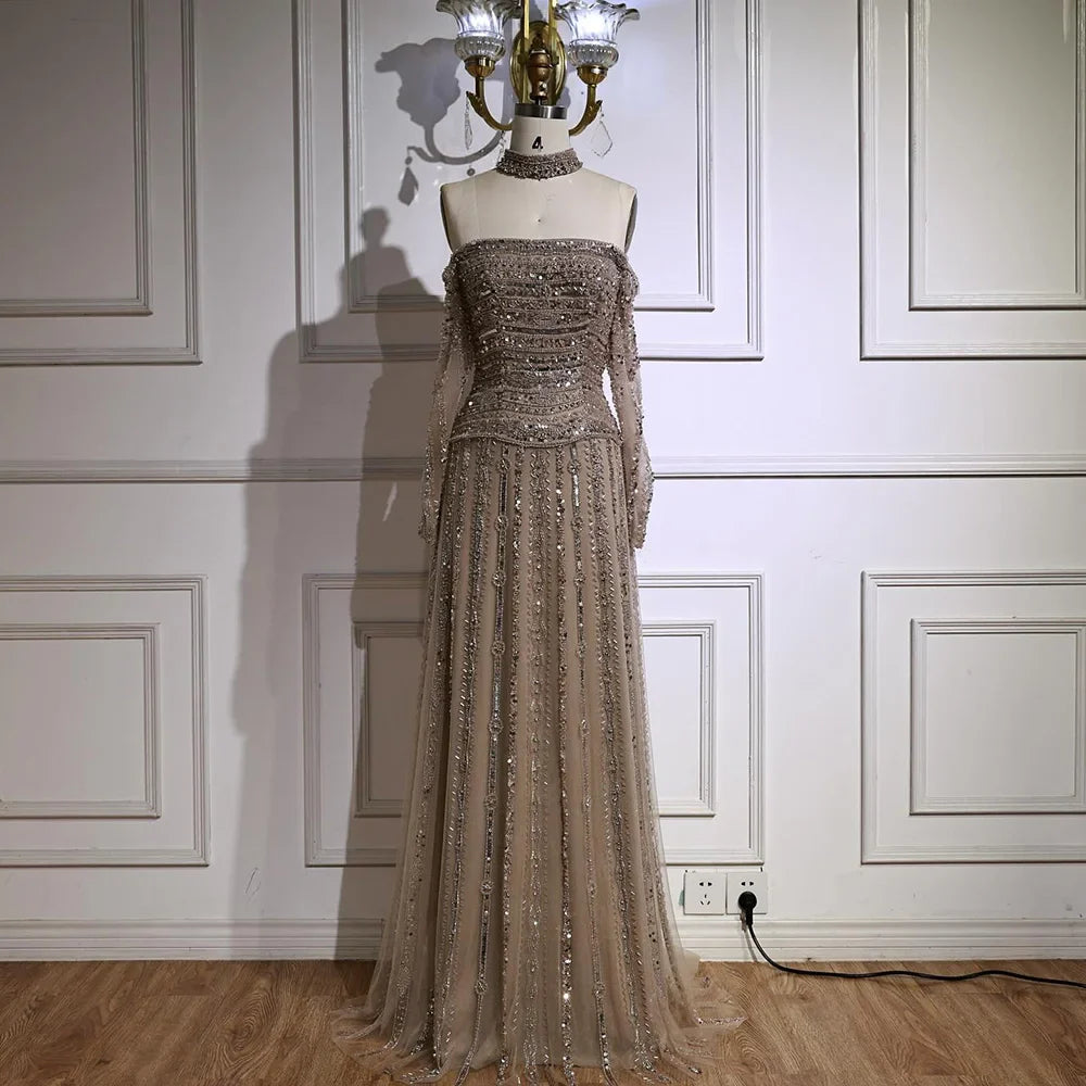 Luxury Caramel Off Shoulder Beaded Mermaid Evening Dress Long Sleeves LA73053