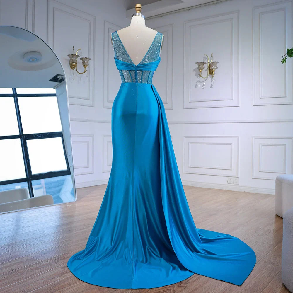 Corset Blue Prom Dress with Side Overskirt Spaghetti Straps LA73011