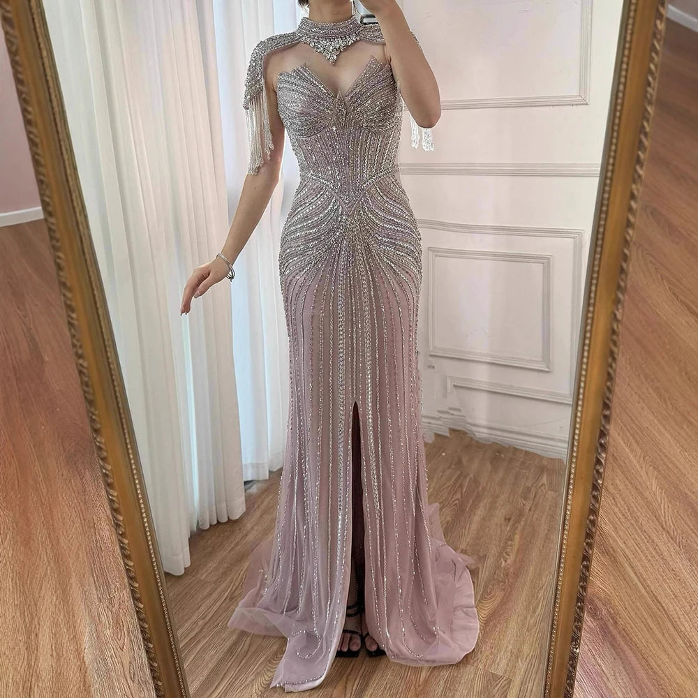 Nude Mermaid Evening Dress with Detachable High Neck Tassel LA72891A