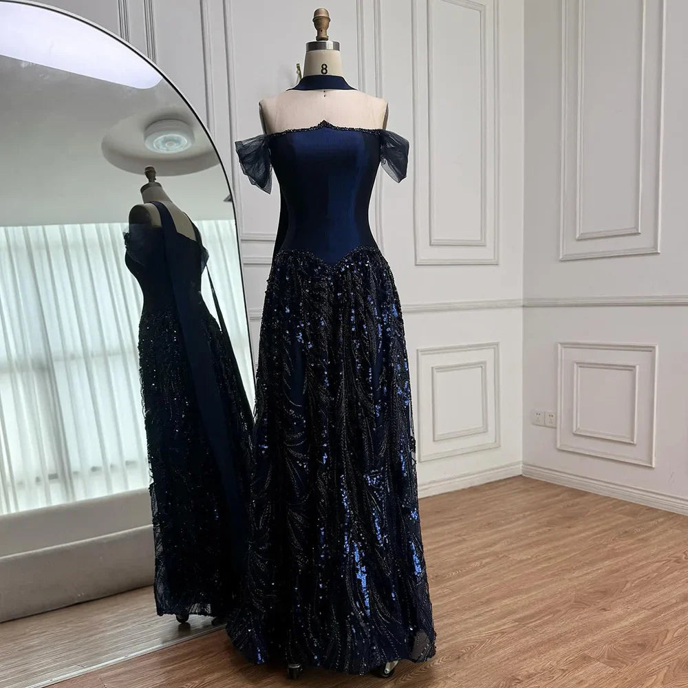 Luxury Arabic Navy A-Line Evening Dress with Beaded LA73050