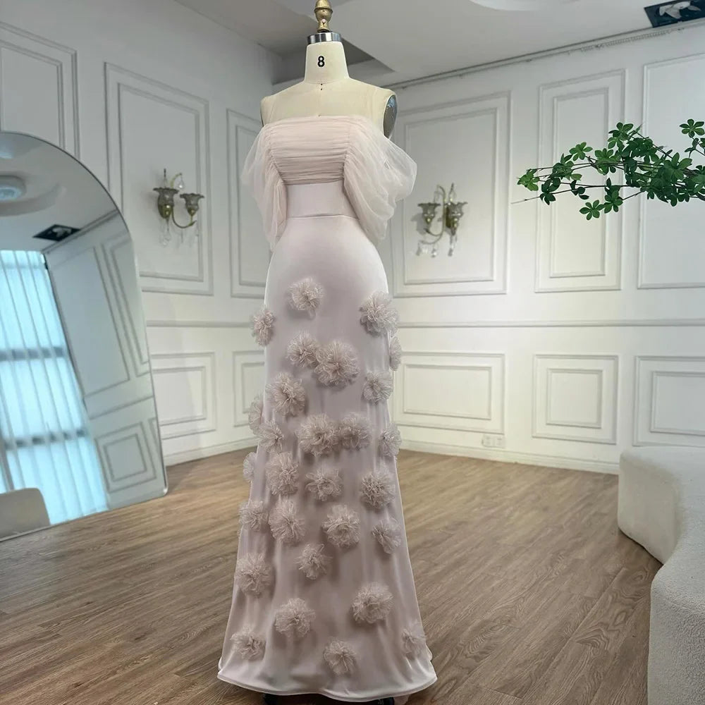 Elegant pink 3D flower off-shoulder evening dress LA72943