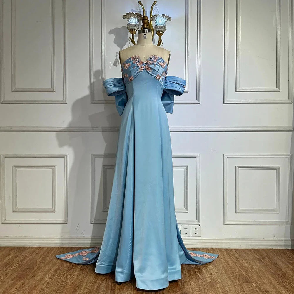 Luxury Dubai Arabic Blue Beaded A-Line Saudi Evening Gown for Formal Occasion LA72792