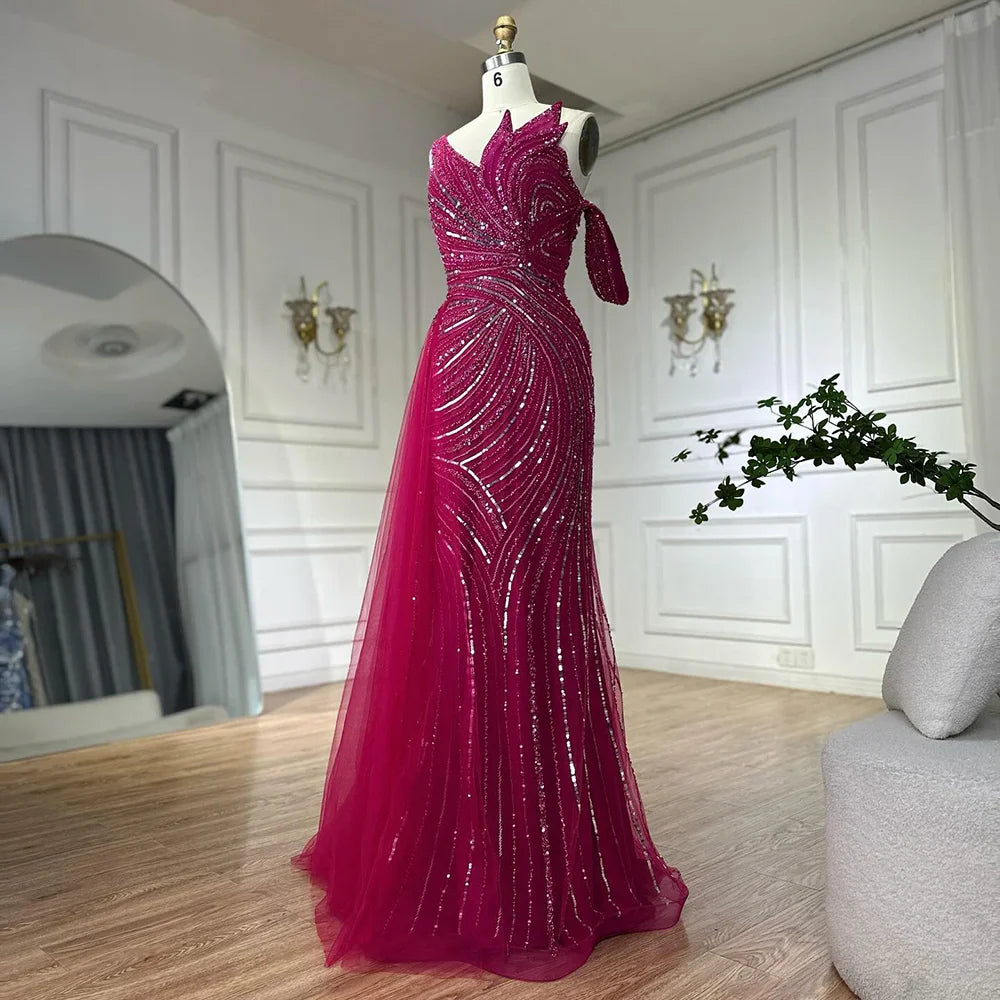Luxury Dubai Arabic Pink Mermaid Elegant One Shoulder Beaded Long Evening Dresses Gowns for Formal Occasion LA72662A