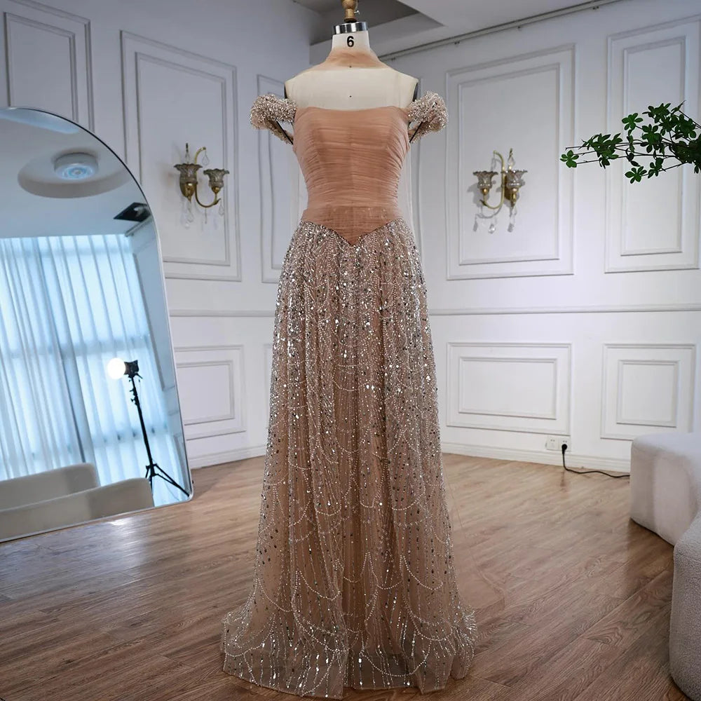 Luxury Arabic Pink Pearls Beaded Evening Dress With Cape LA72922